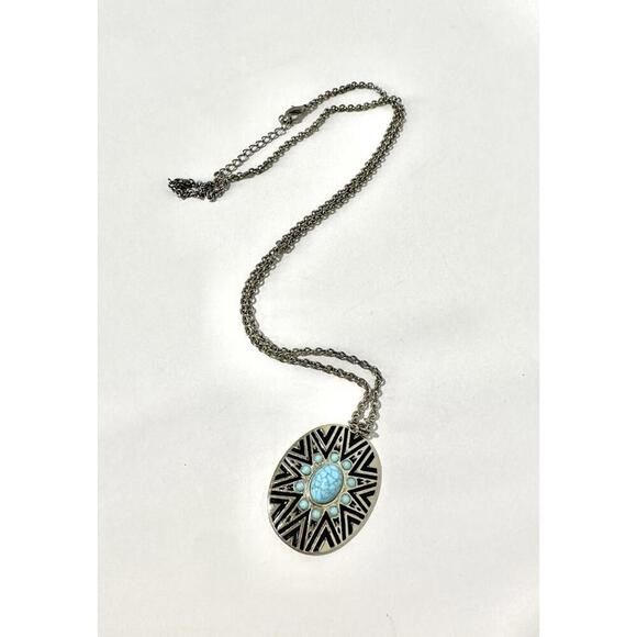 Native American Silver Turquoise Oval Pendant With Silver Chain Long Necklace - Picture 1 of 5